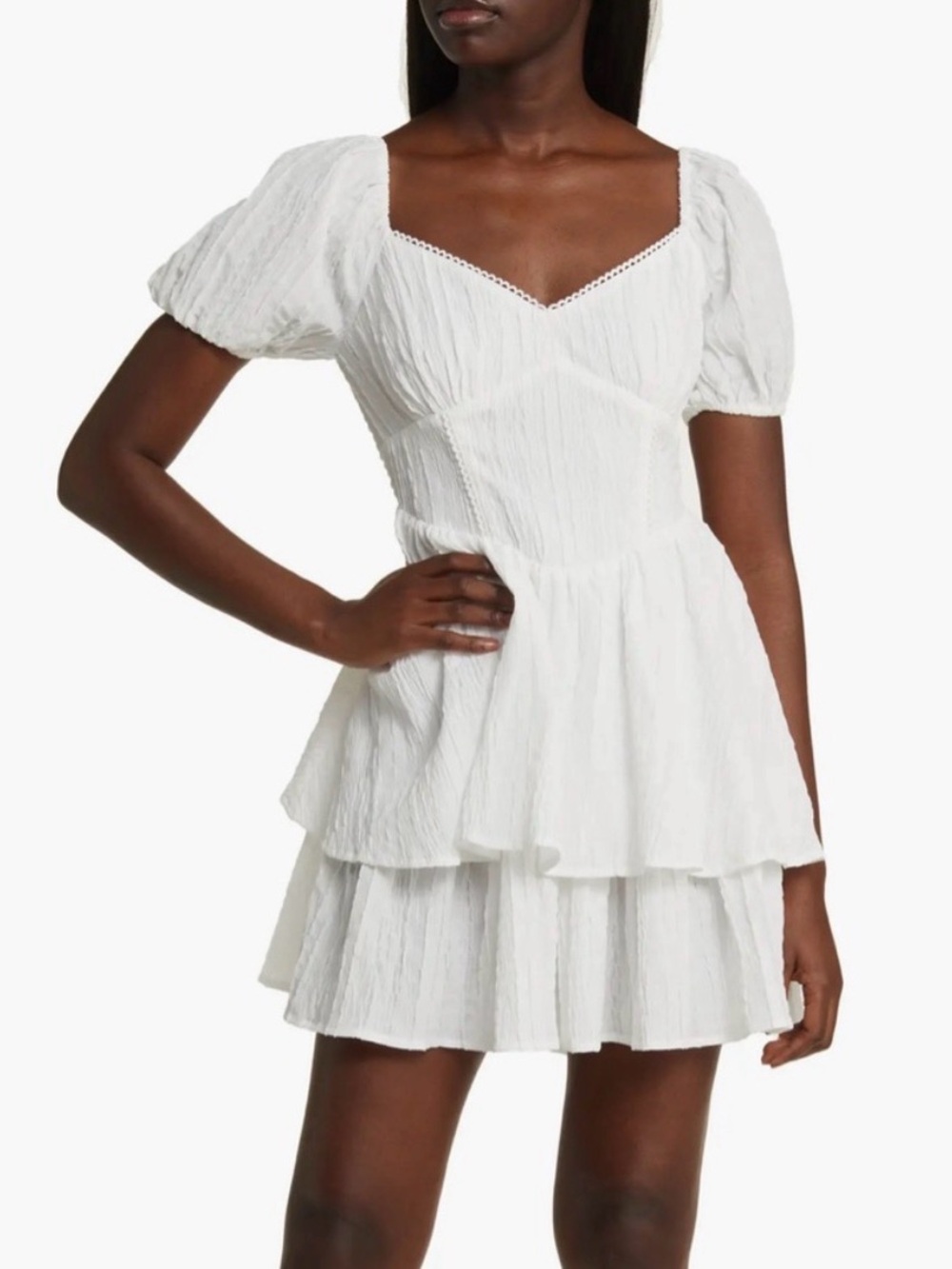 All in Favor Crinkle Tiered Puff Sleeve Sweetheart Mini Dress in White.